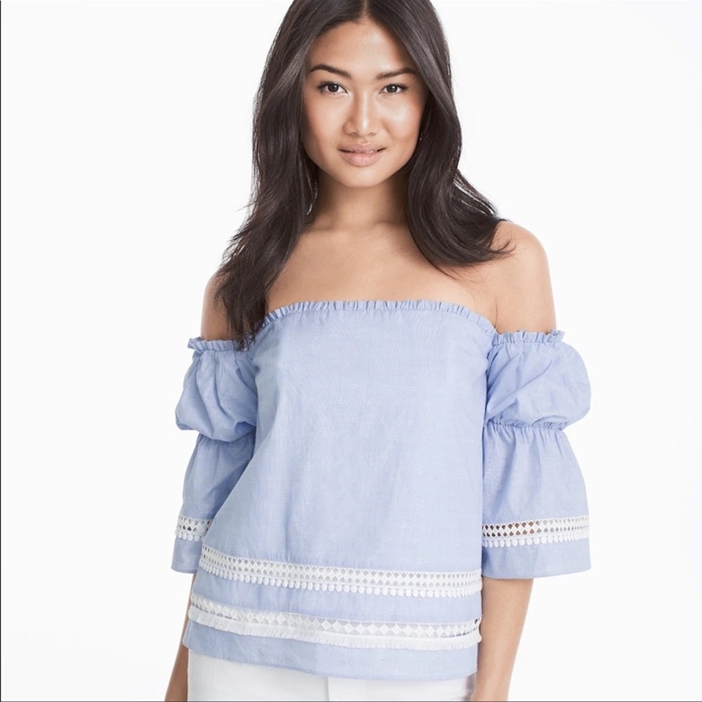WHITE HOUSE BLACK MARKET Bell Sleeve Off the Shoulder Dobby Blouse Size 10